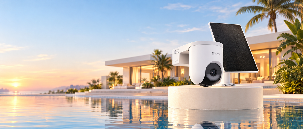 Kit de seguridad solar EZVIZ frente a una casa moderna al atardecer